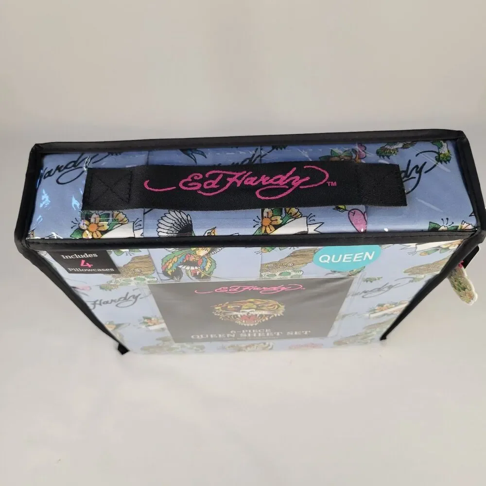Ed Hardy QUEEN Blue Sheets Set 6pc Tattoo Foo Dog Tiger Floral Bird Heart Rose